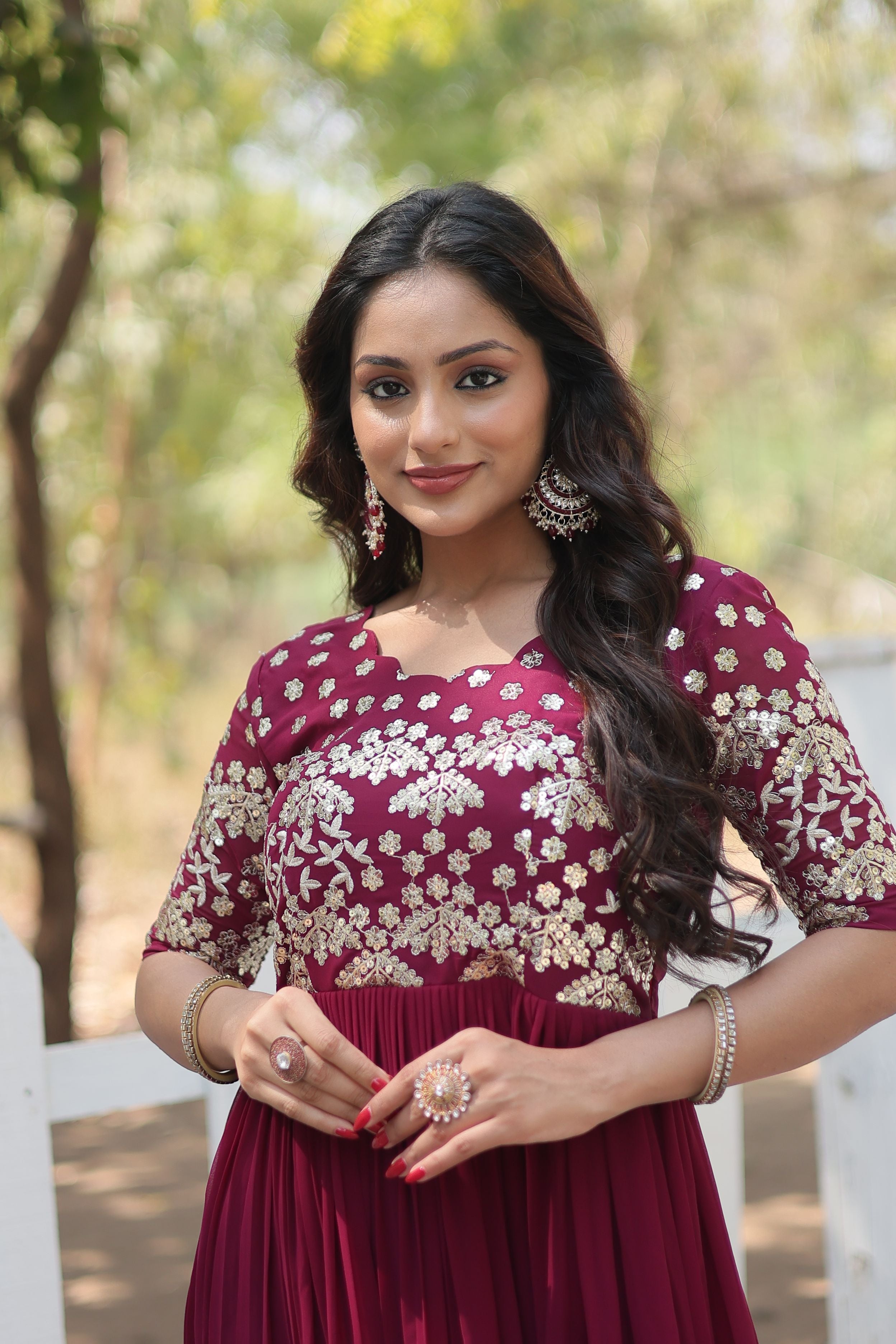 Aastha plum with Gown Faux Blooming Georgette Embroidery Zari Sequins-work