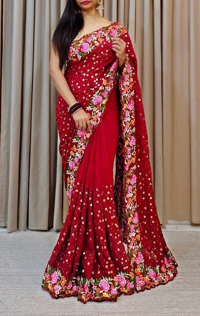 Aastha Red Soft Georgette Fabric with Banglori Blouse fabric Beautiful Sequance and multicoloured Embroidery work
