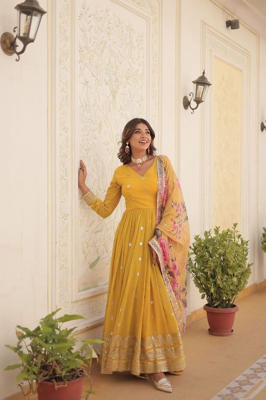 Aastha Yellow Faux georgette with Gown Tabby silk