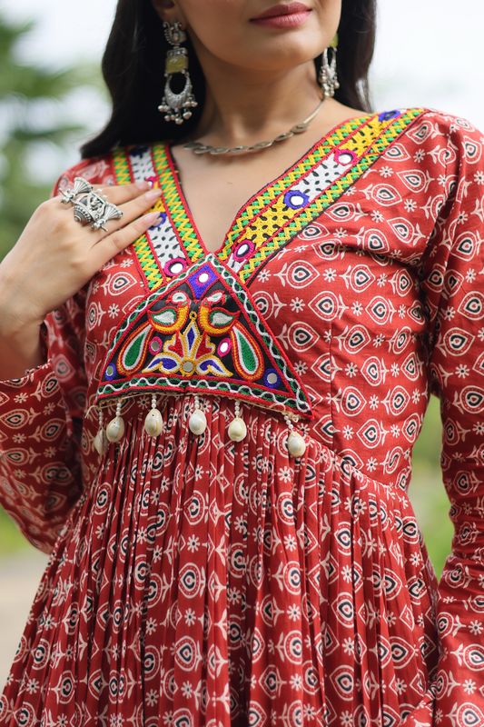 Aastha Maroon Cotton with Gown fabric Printed Cotton With Kutchi Gamthi Work and Kodi Lace