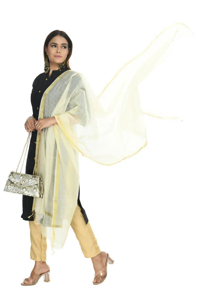 Mominos Fashion Off White Banarsi Piping Dupatta