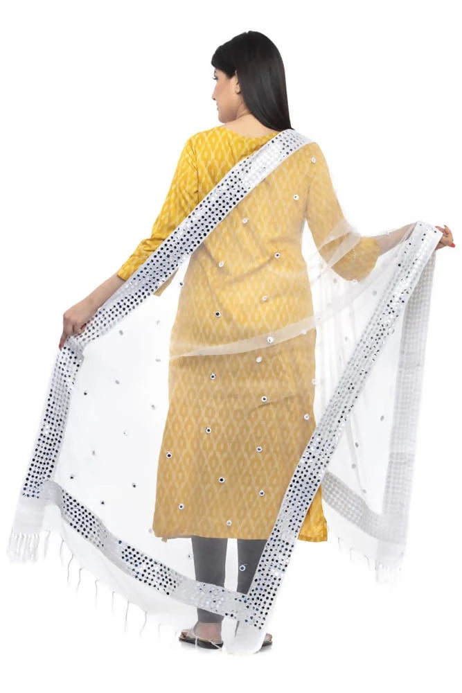 Mominos Fashion White 6 Line Mirror Border Dupatta