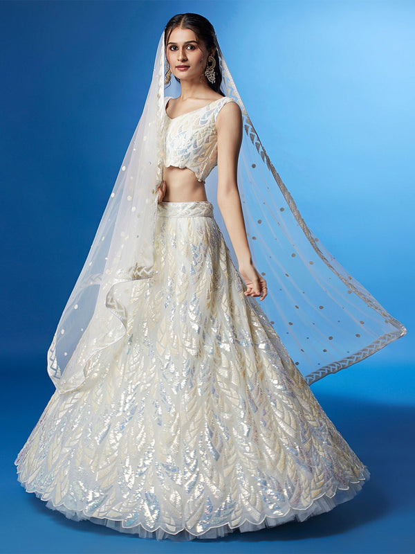 Aastha fashion White Soft net lehanga blouse fabric Multiple Sequins, Thread Embroidery Work