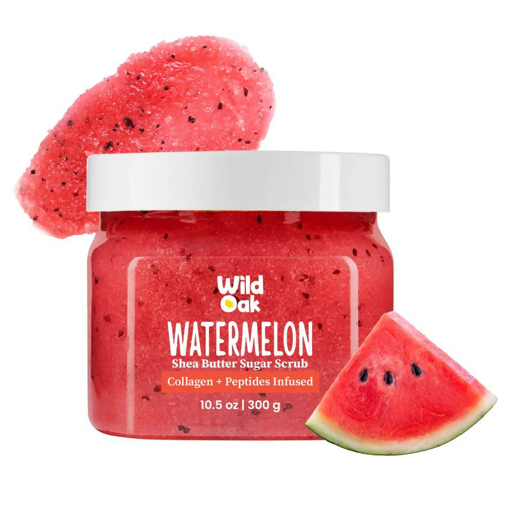 WildOak Watermelon Shea Sugar Scrub | 300gm | With Niacinamide, Vegan Collagen & Peptides | Tan Removal & Smooth Skin | Removes Dead Skin | Ultra Hydrating, Exfoliating & Moisturising Sugar Body Scrub