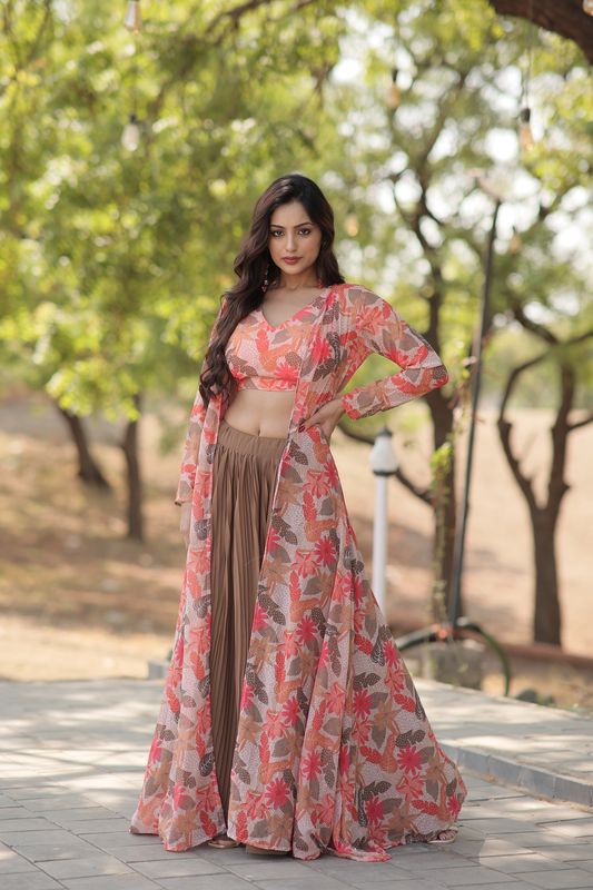 Aastha fashion coffee Faux Georgette lehanga  blouse fabric embroidery work