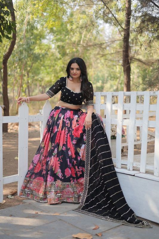Aastha fashion black Faux Georgette lehanga 	Faux Blooming blouse fabric embroidery work