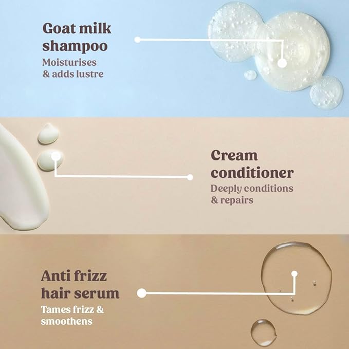 Vilvah Store Frizz Free Hair Combo, Anti Frizz Hair Serum + Goat Milk Shampoo + Cream Conditioner Great for Dry, Damaged, and Frizzy Hair, 430ml