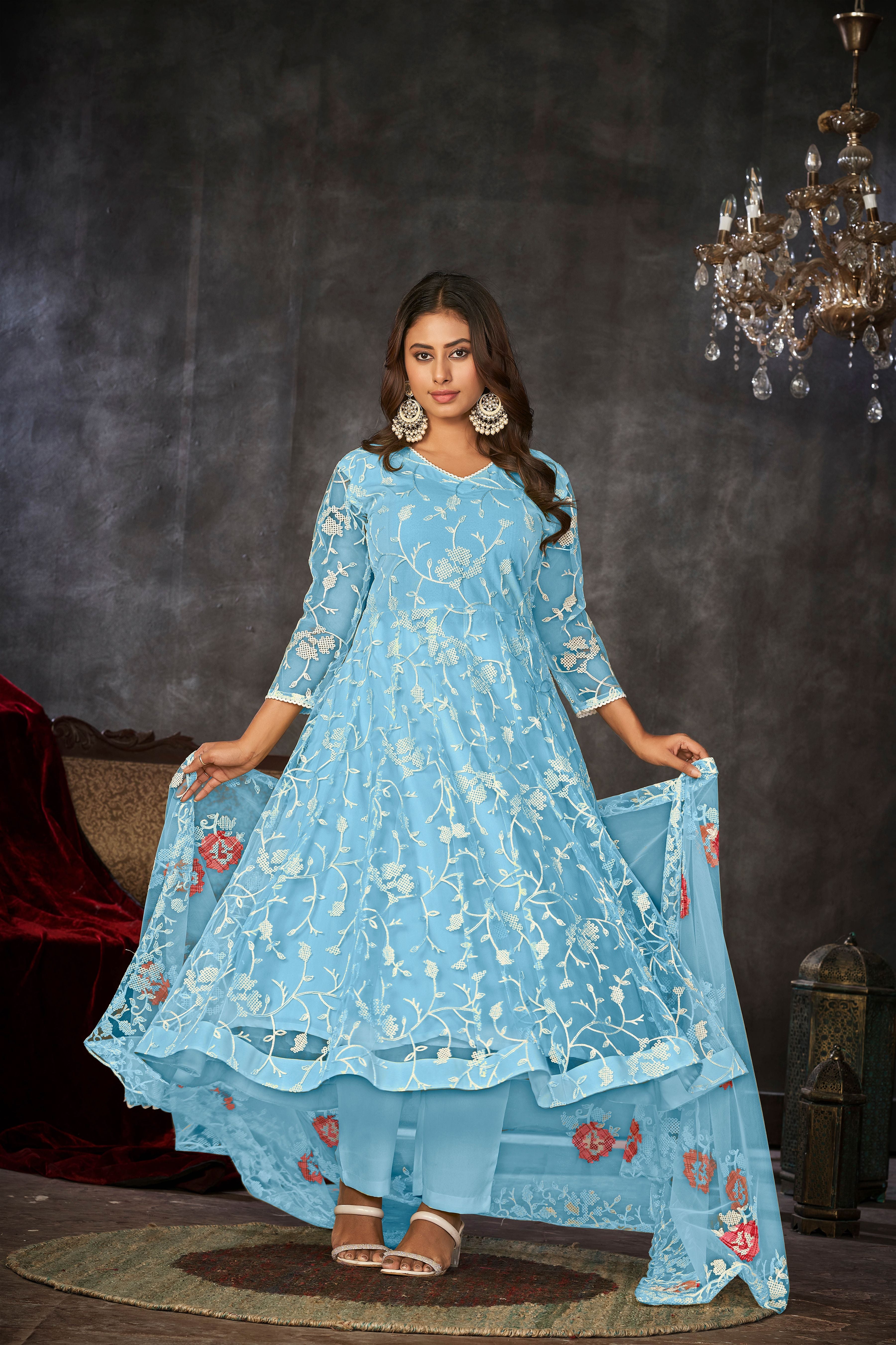 Aastha Sky Blue Dupatta with Net top fabric Crepe Bottom fabric