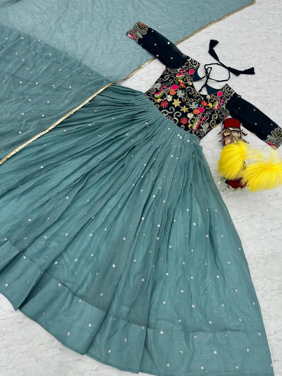 Aastha Sky Fox Georgette with Micro Cotton sequence Embroidery with thread Work