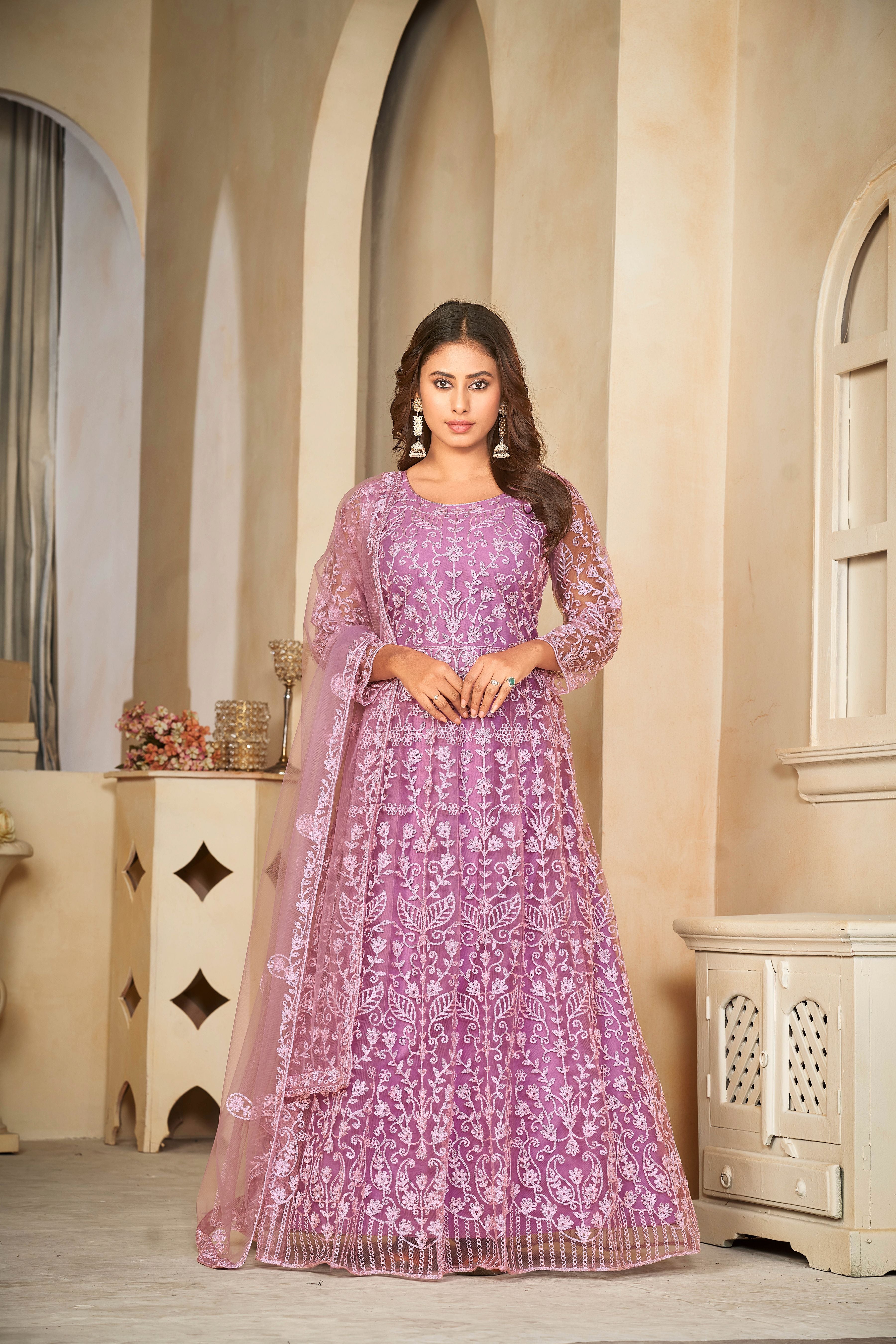 Aastha Light Purple Dupatta with Net top fabric Santoon Net Bottom fabric