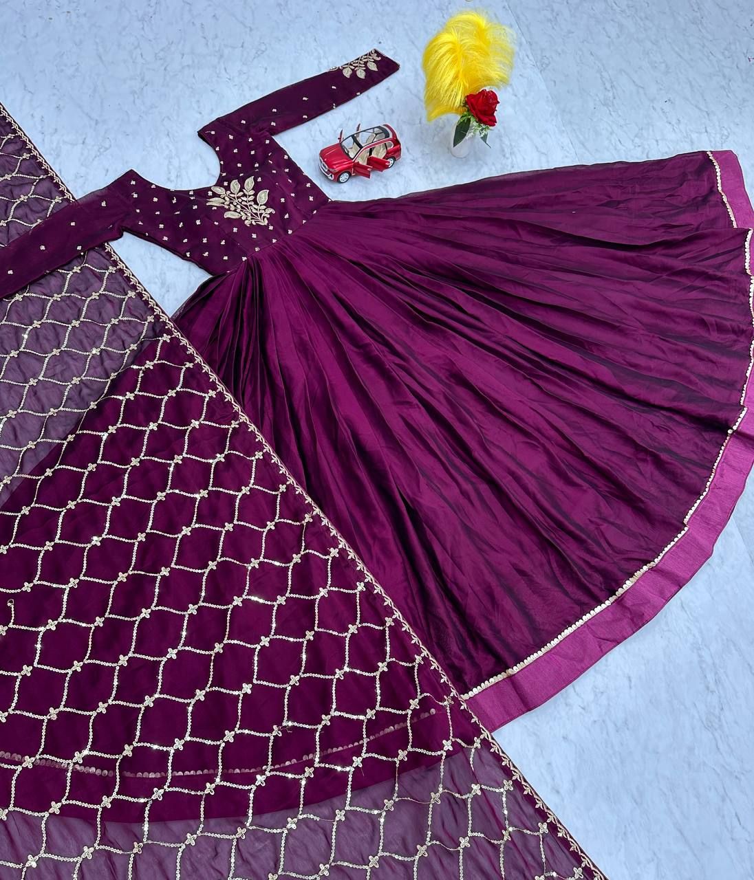 Aastha Wine pure Rangoli with Gown Embroidery Work
