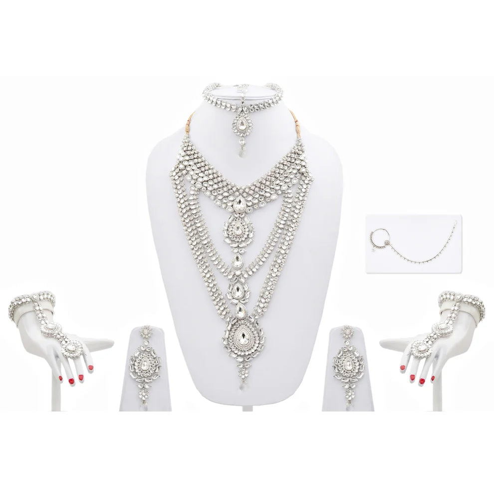 Tehzeeb Creation Platinum Plated Silver Polish Dulhan Bridal Jewelry Set 8 Pcs THZ385