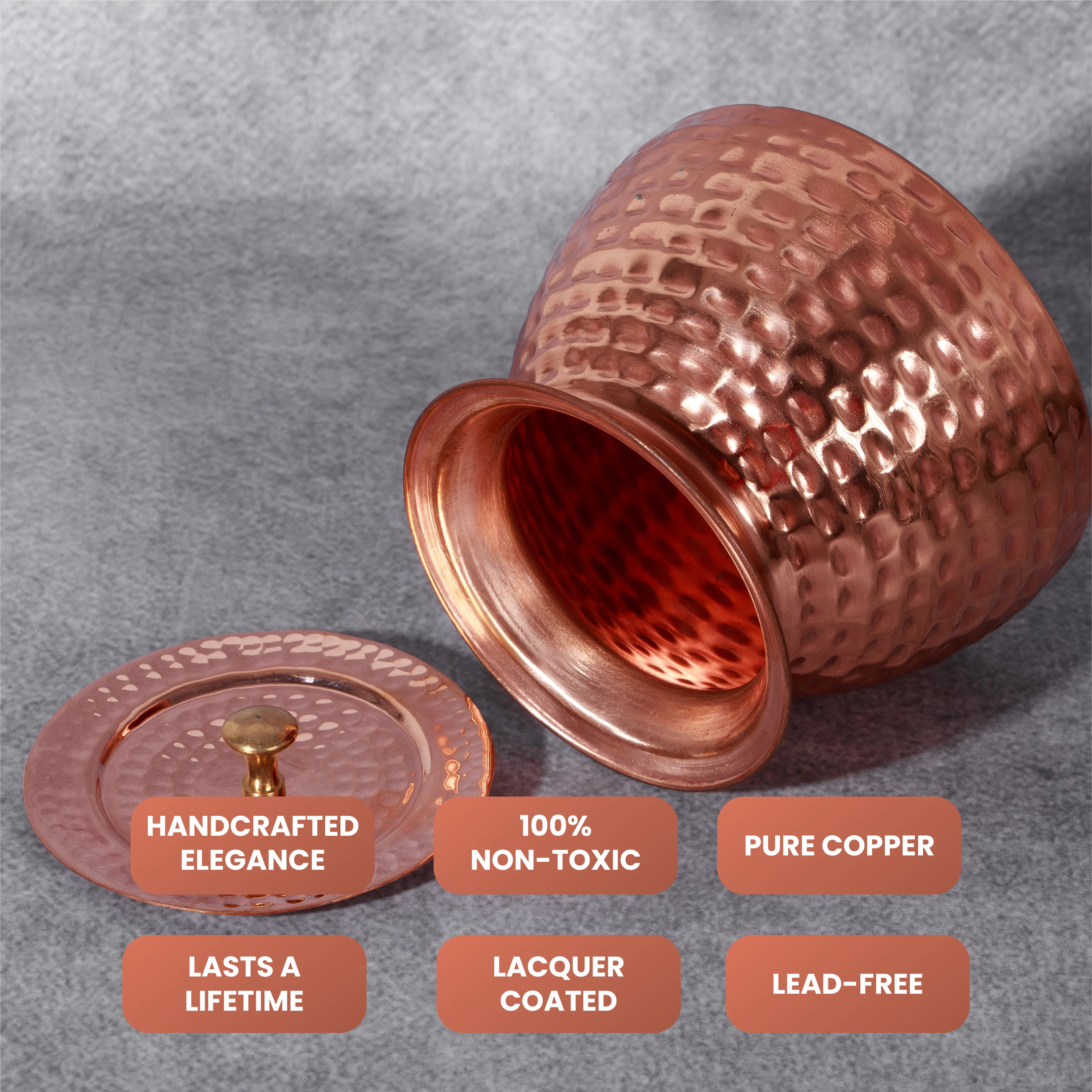 Health SmithPure Copper Walnut Lota with Hammered Finish With Lid – Lacquer Coated for Long Life