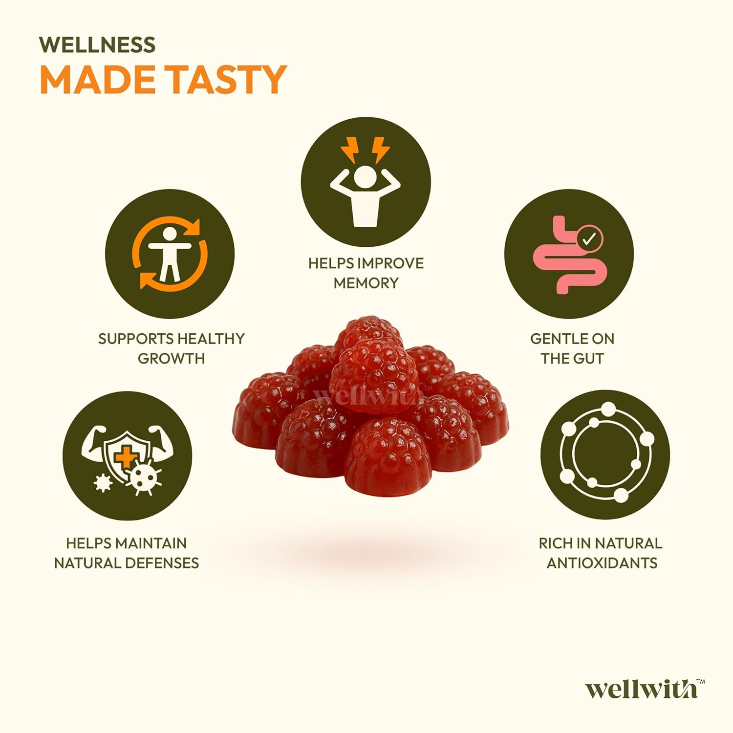 Red gummy bears with health benefits listed on a white background, featuring the 'wellwith' brand.