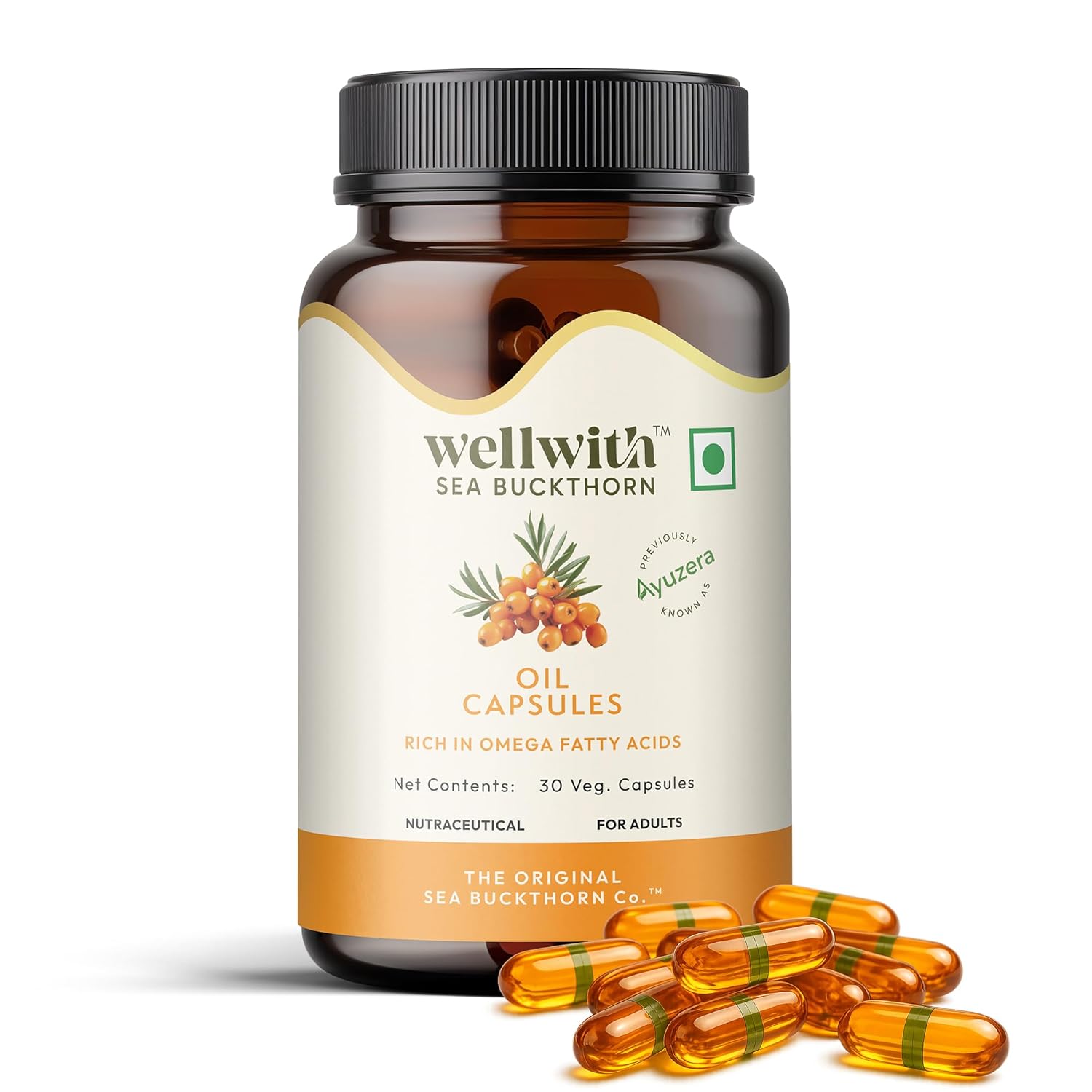 Wellwith Sea Buckthorn oil capsules bottle with capsules on a white background