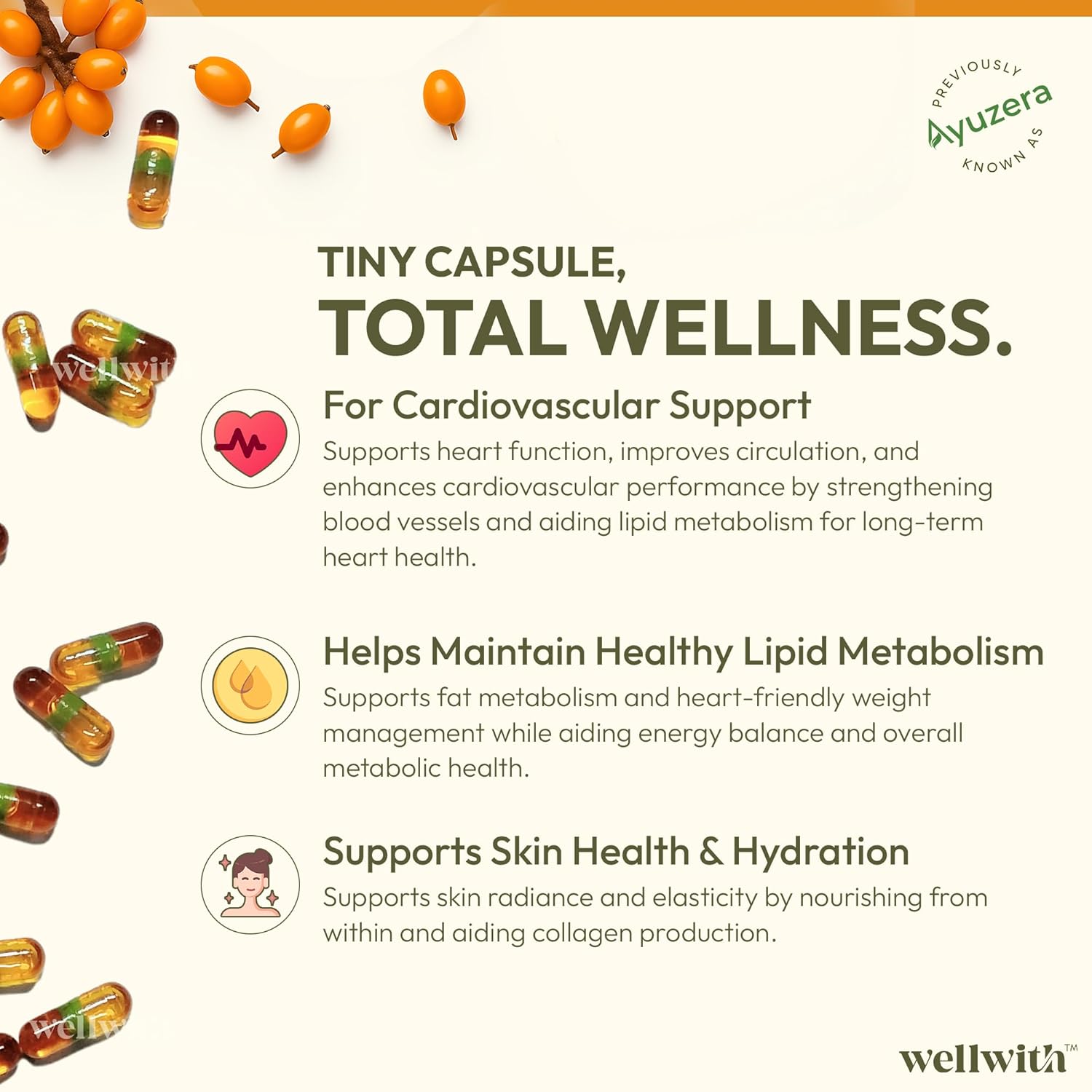 Wellwith (Ayuzera) Sea Buckthorn Berry Oil Vegan Omega 7 500mg, 30 Veg HPMC Capsules