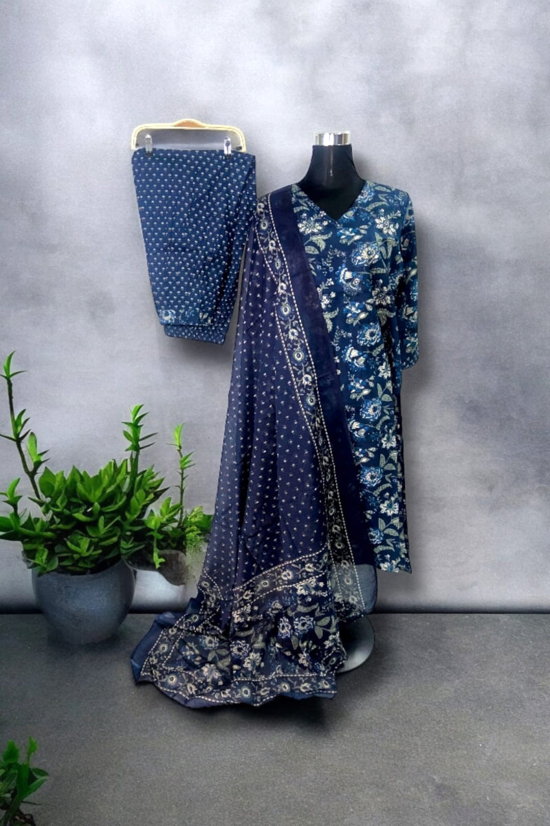 Suvesha -Afghani Salwar Suit With Dupatta - Indigo