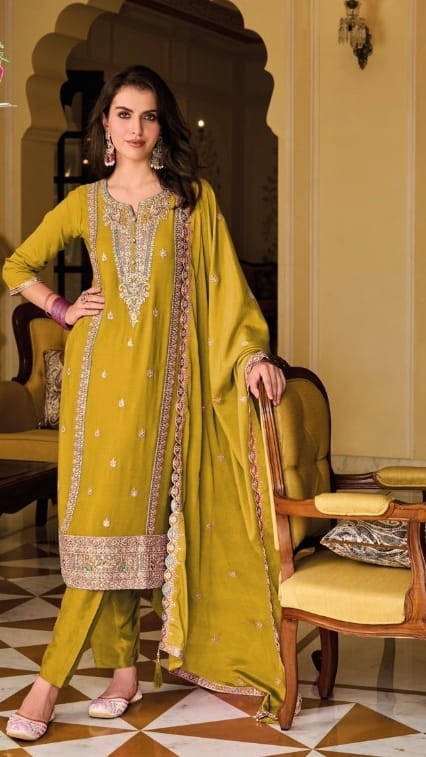 Suvesha - Straight Suit With Heavy Embroidery - Mustard Yellow