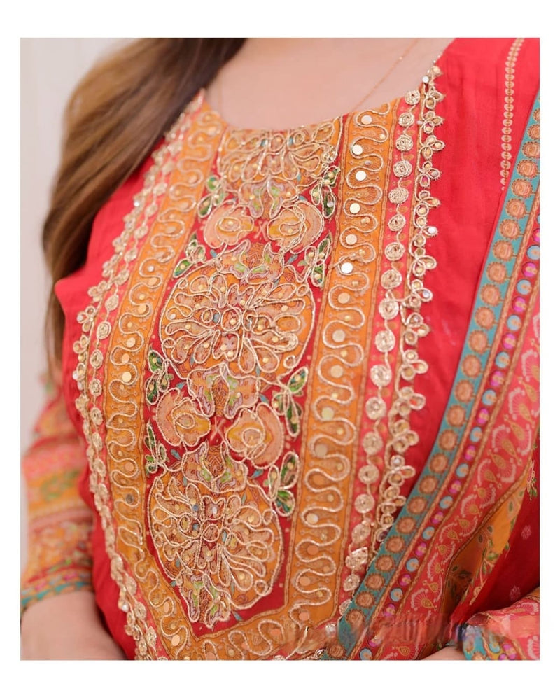 Suvesha - Straight Suit With Heavy Embroidery - Red