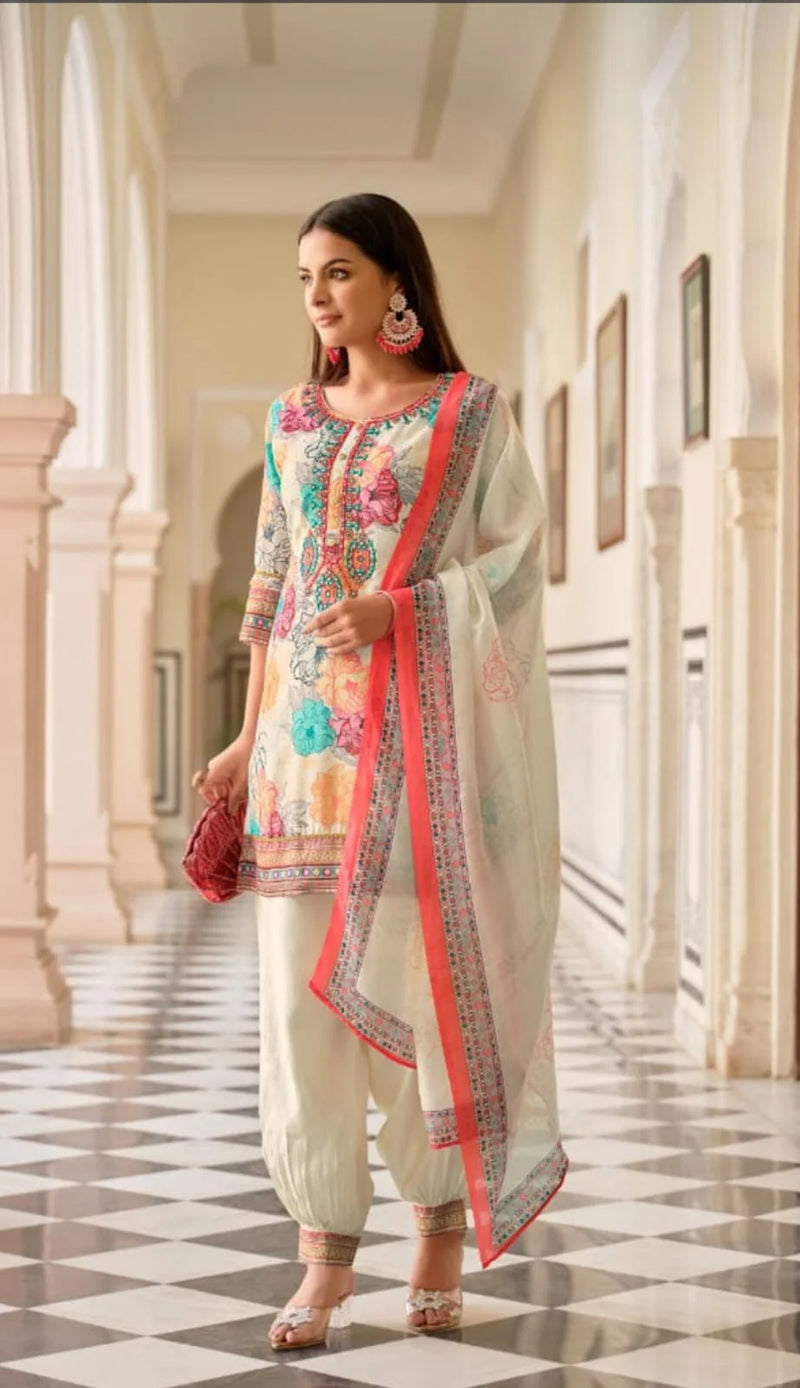 Maslin Silk Afghani Salwar Suit - White