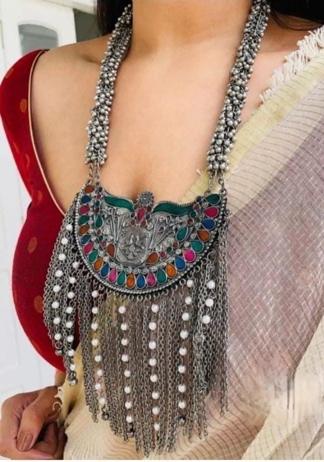 Suvesha Oxidised Silver-Plated Afghani Necklace - Multicolor