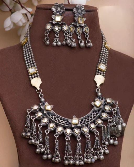 Suvesha Silver Plated Oxidized Long Necklace With Earings