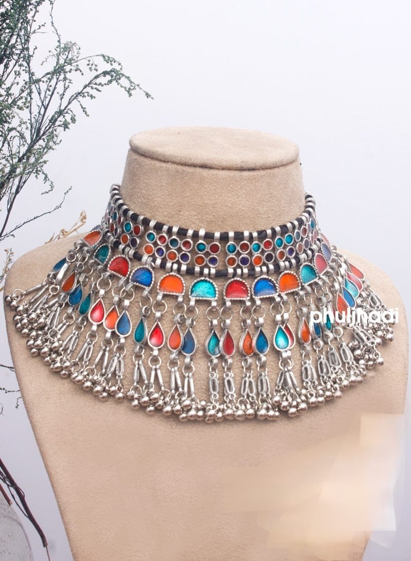 Suvesha Silver Plated Oxidized Afghani Multi Color Necklace