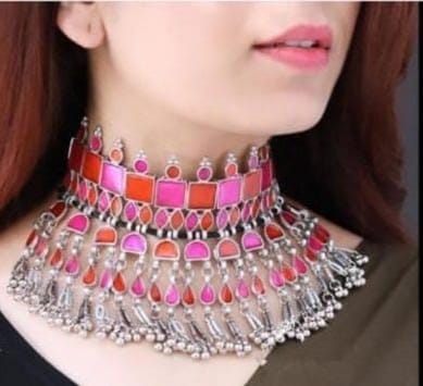 Suvesha Silver Plated Oxidized Afghani Multi Color Chokar