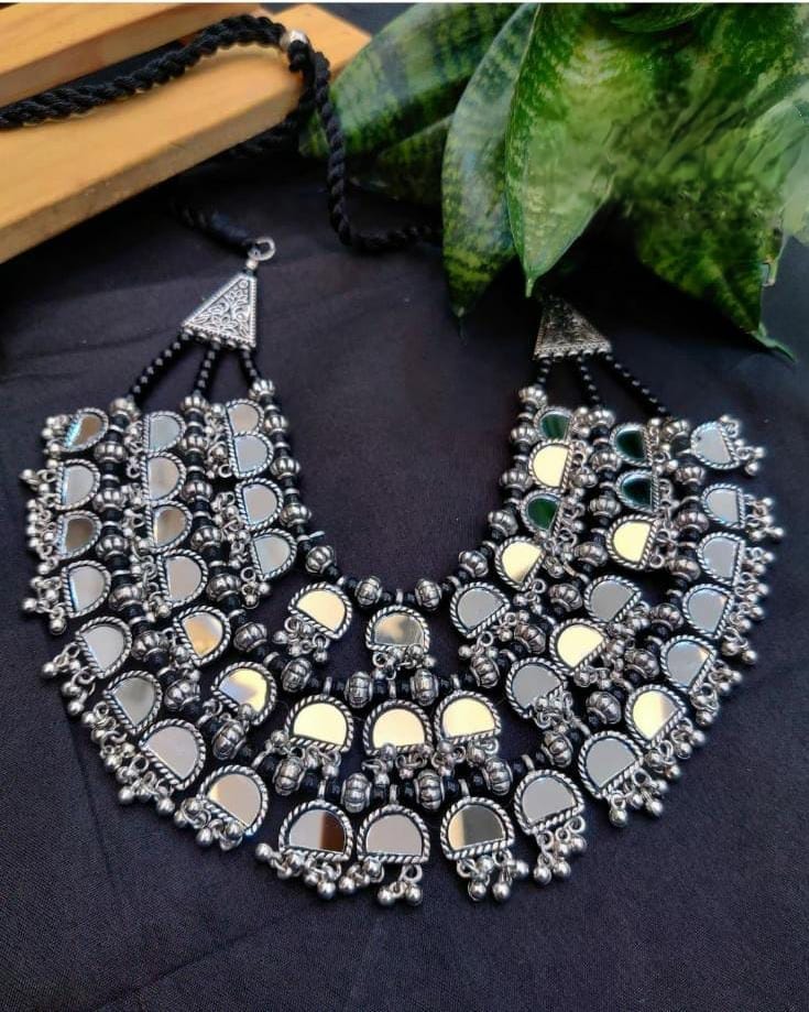 Suvesha Silver Plated Oxidized Mirror Necklace