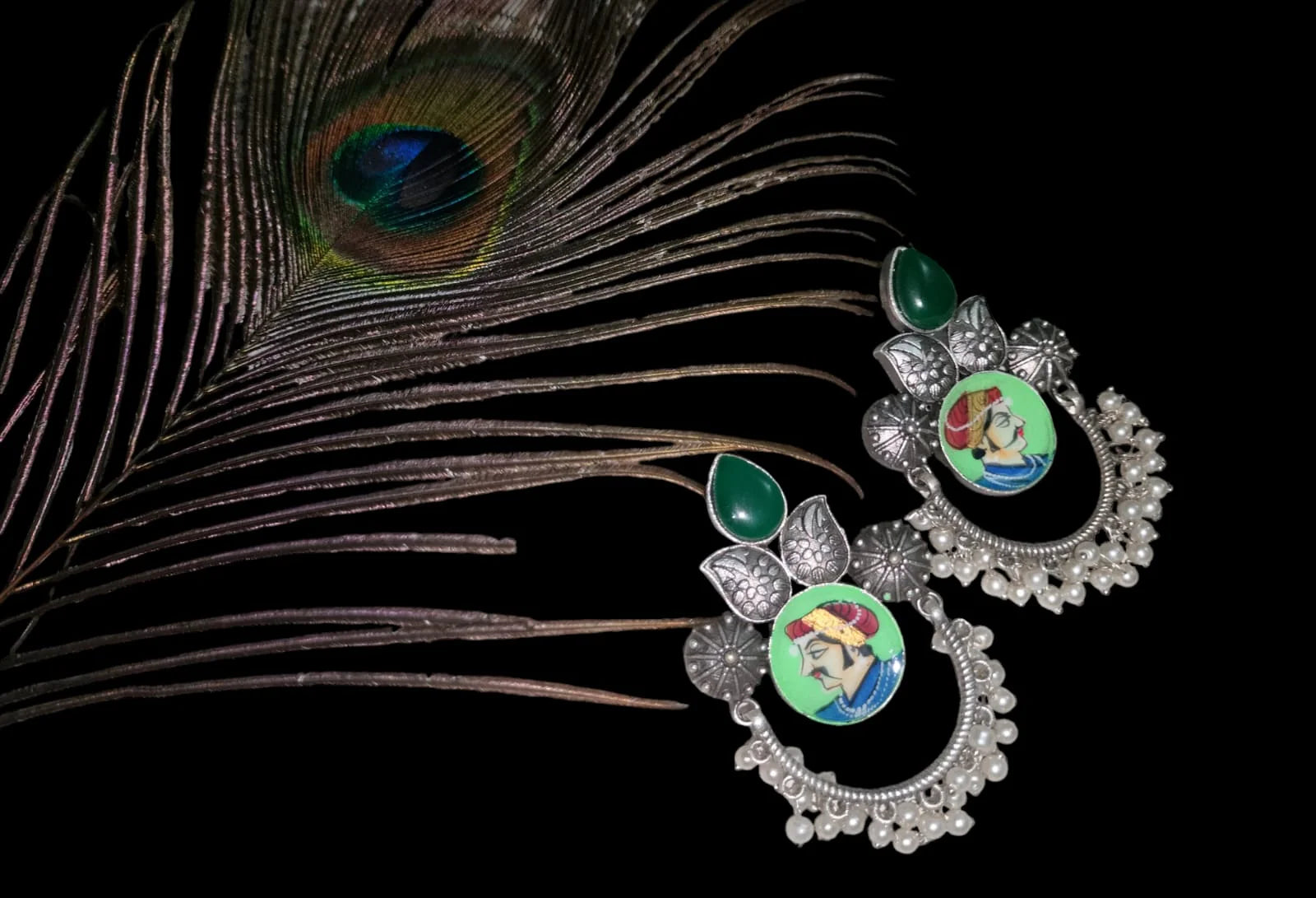 Suvesha Hand-Painted Silver Replica Monalisa Stone Earrings