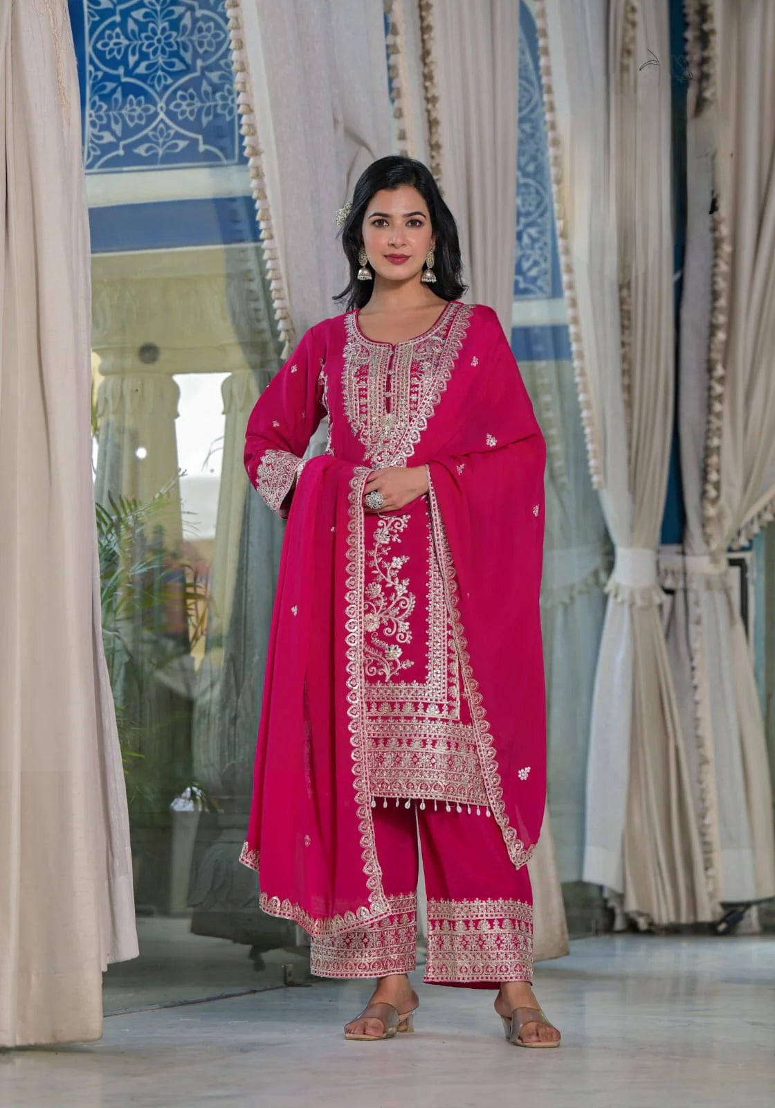 Suvesha Plazo Set With Hand Work Heavy Embroidery With Mirror & Kodi Latkan - Red
