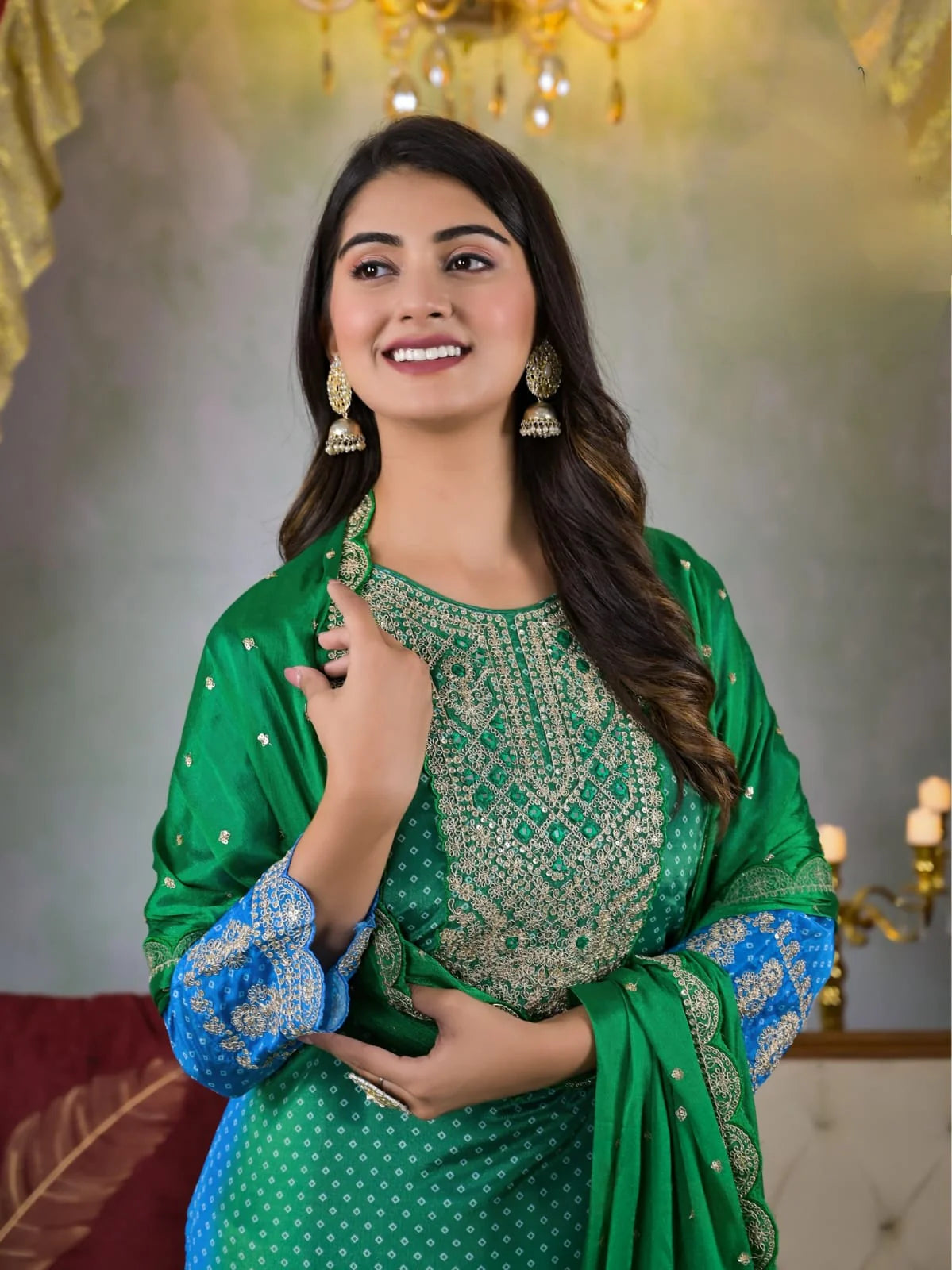 Suvesha Bandhani Digital Print Heavy Embroidery Suit Set - Dual Shade