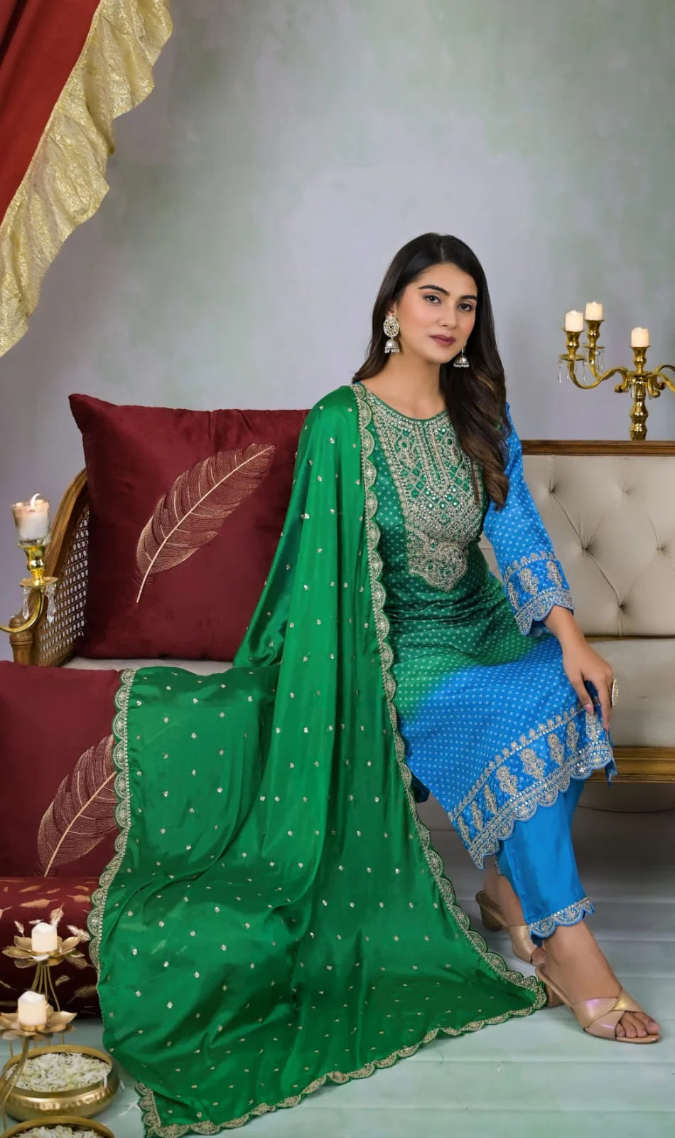 Suvesha Bandhani Digital Print Heavy Embroidery Suit Set - Dual Shade