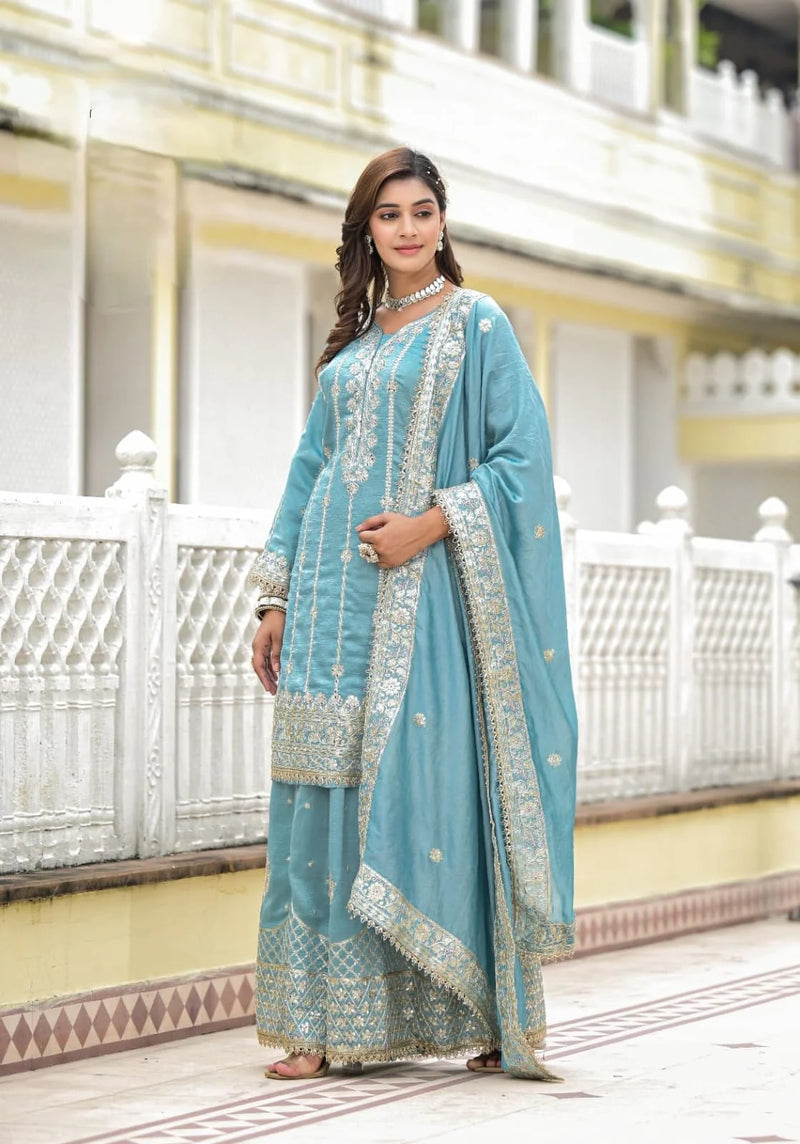 Sharara Set With Heavy Embroidery - Blue