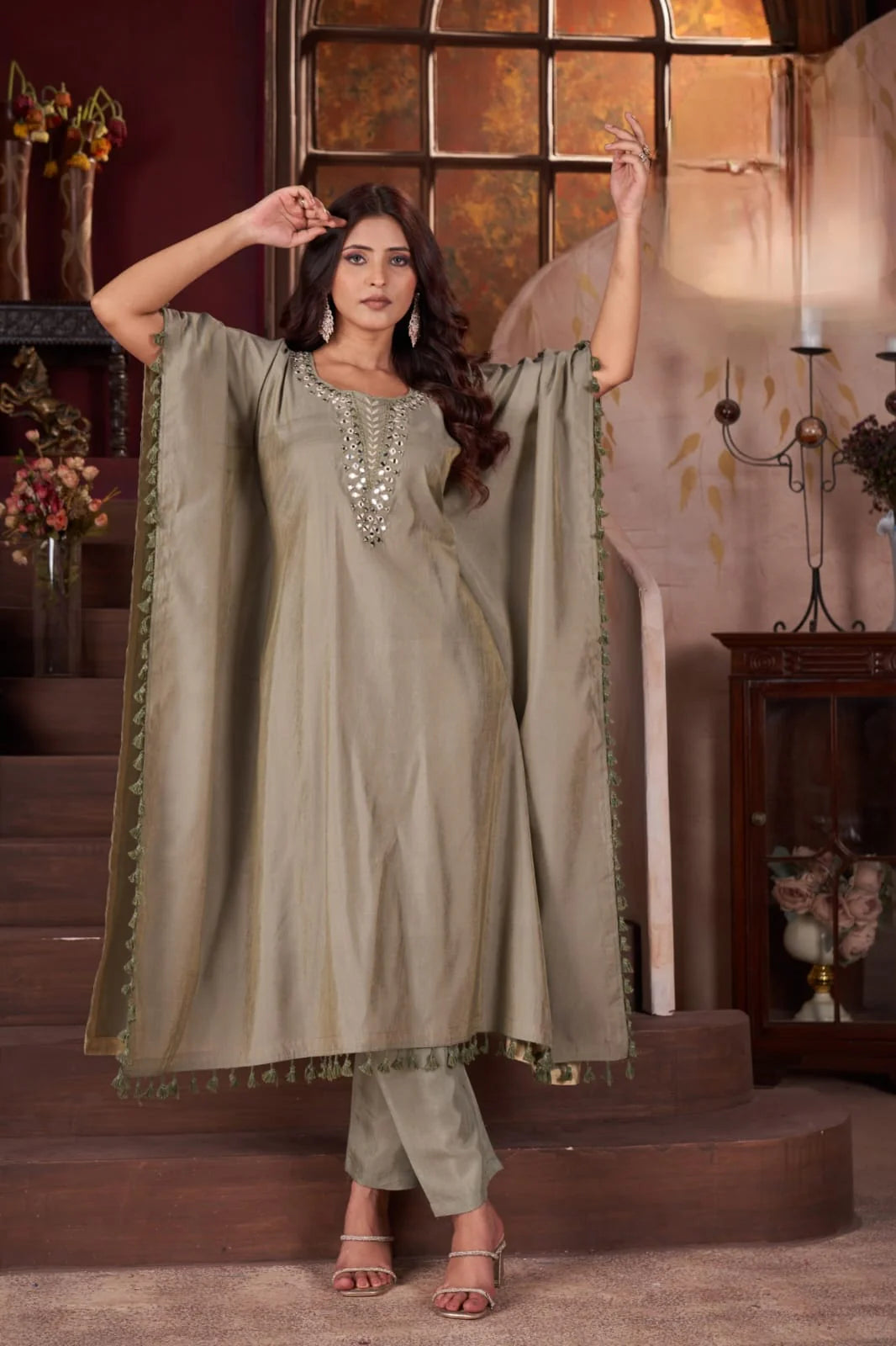 Suvesha Kaftan Set Pure Modal Silk With Real Mirror Handwork