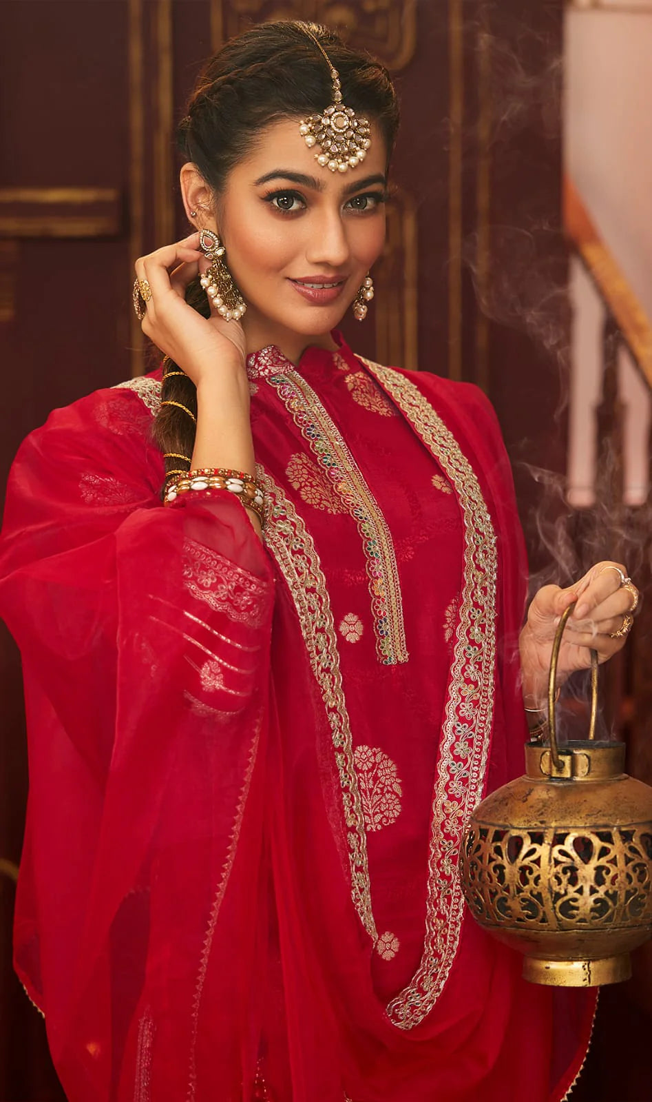Suvesha Dola Silk Suit Set With Jacquard Beautifully Heavy Lace Work - Red