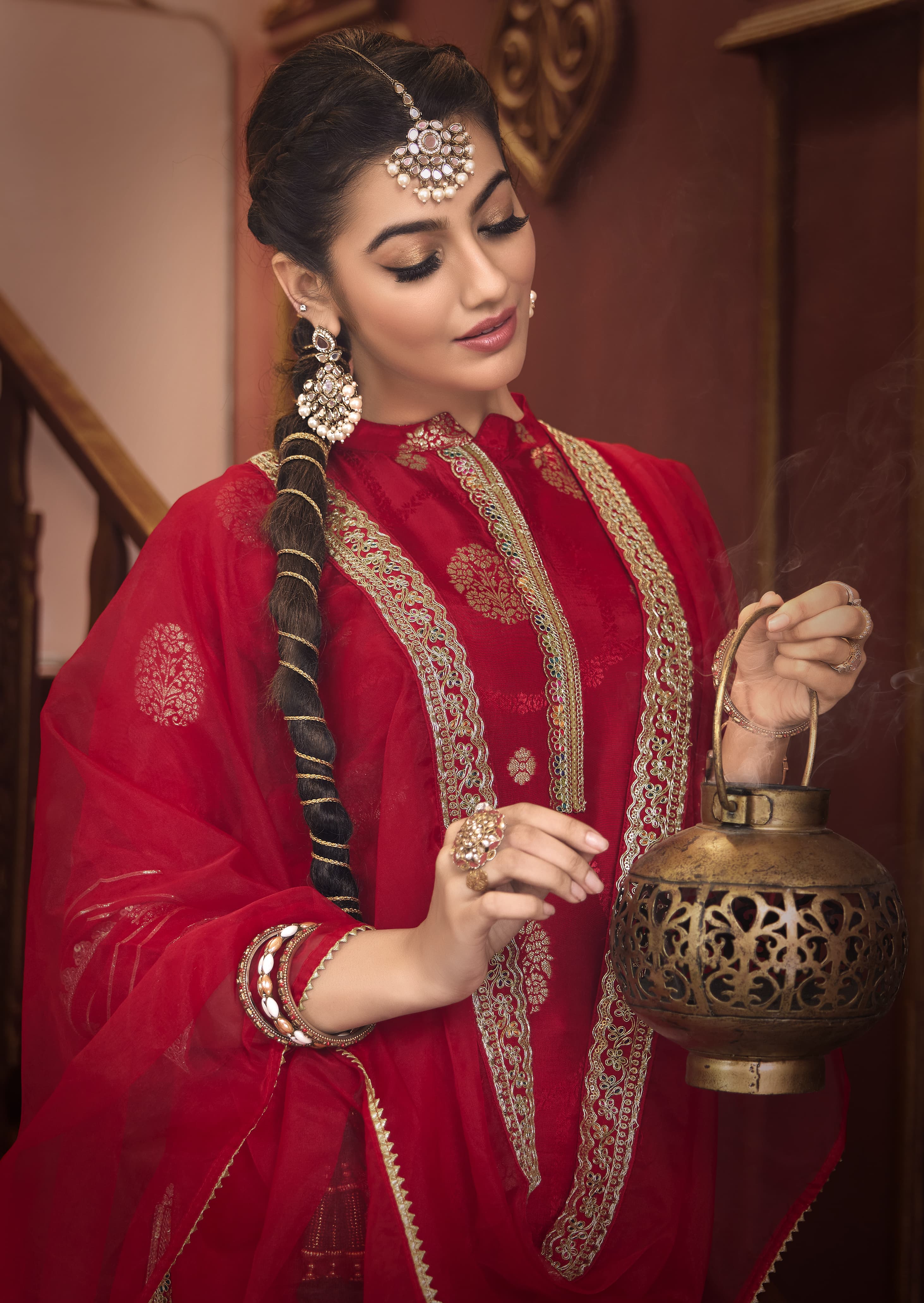 Suvesha Dola Silk Suit Set With Jacquard Beautifully Heavy Lace Work - Red