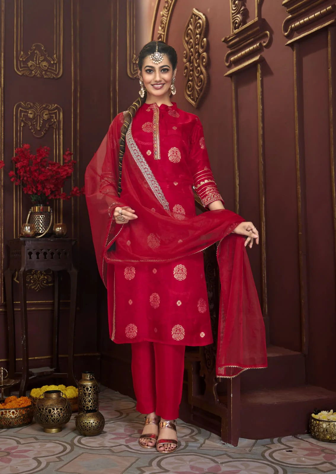 Suvesha Dola Silk Suit Set With Jacquard Beautifully Heavy Lace Work - Red