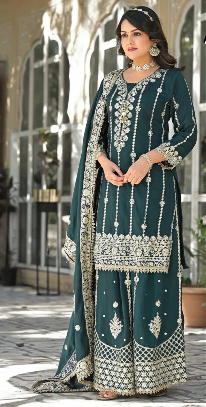 Suvesha Sharara Set With Heavy Embroidery - Bottle Green