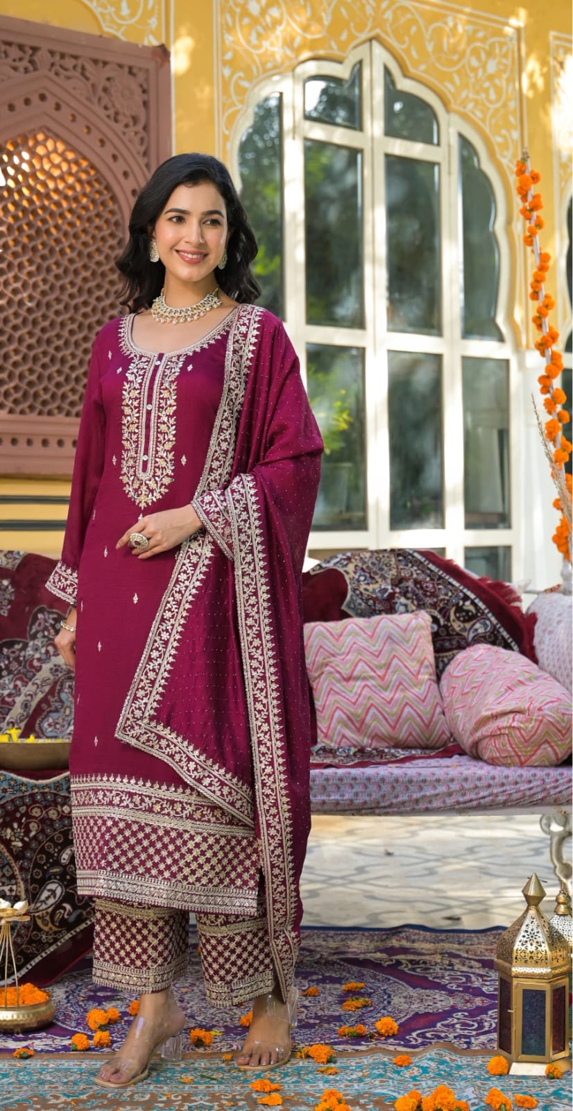 Suvesha Plazzo Suit Set With Embroidered Work Hand Work & Pasted Mirror Work