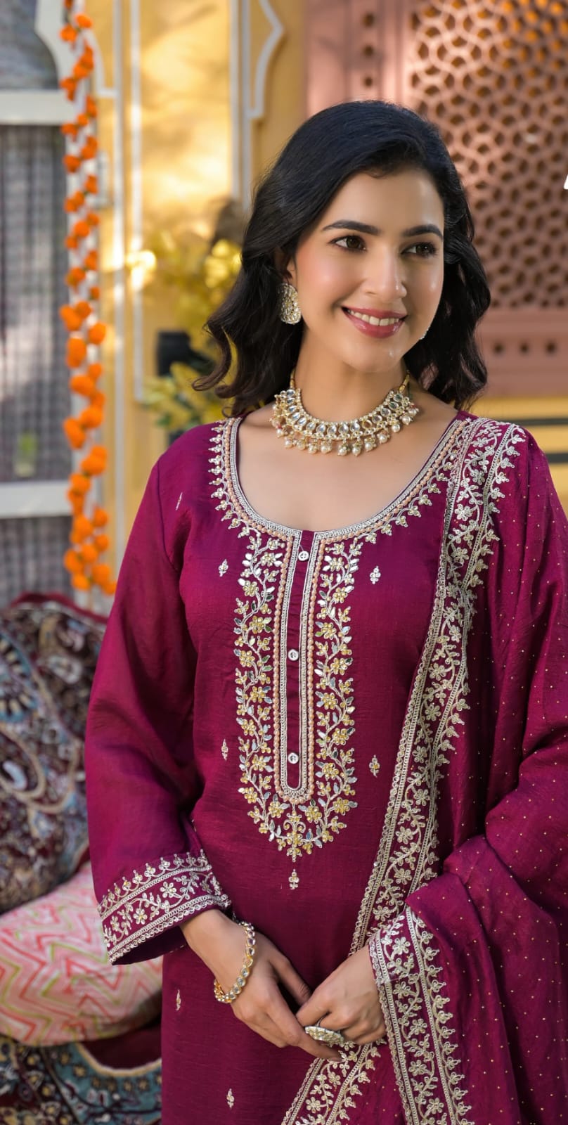 Suvesha Plazzo Suit Set With Embroidered Work Hand Work & Pasted Mirror Work