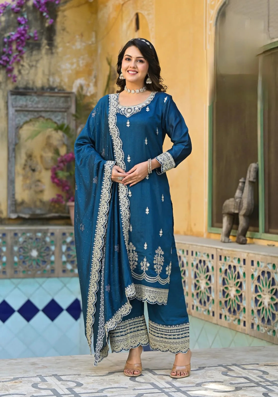 Suvesha Vichitra Silk Suit Set With Cording & Stone Work Handwork Embroidery - Turquoise Blue