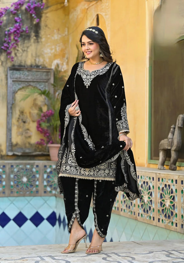 Suvesha Pure Velvet Dhoti Suit Set With Embroidery