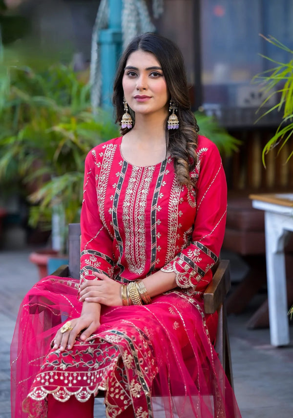 Suvesha Organza Pakistani Suit Set With Embroidery - Red