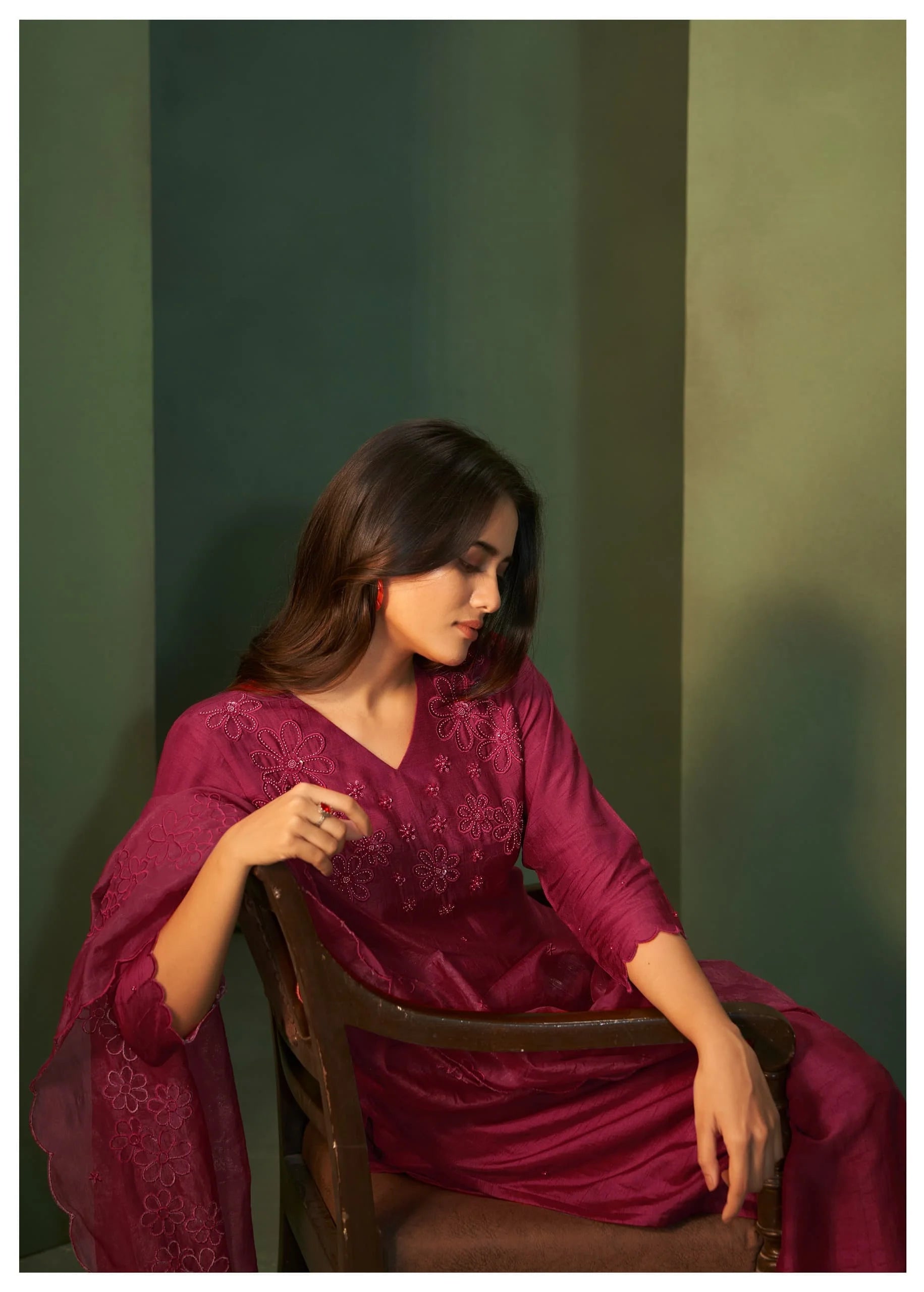 Suvesha Pure Dola Silk Suit Set Handwork Embroidery - Mehroon