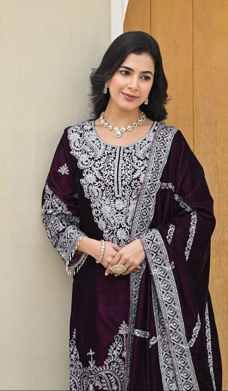 Suvehsa Velvet Plazzo Suit Set With Heavy Embroidery