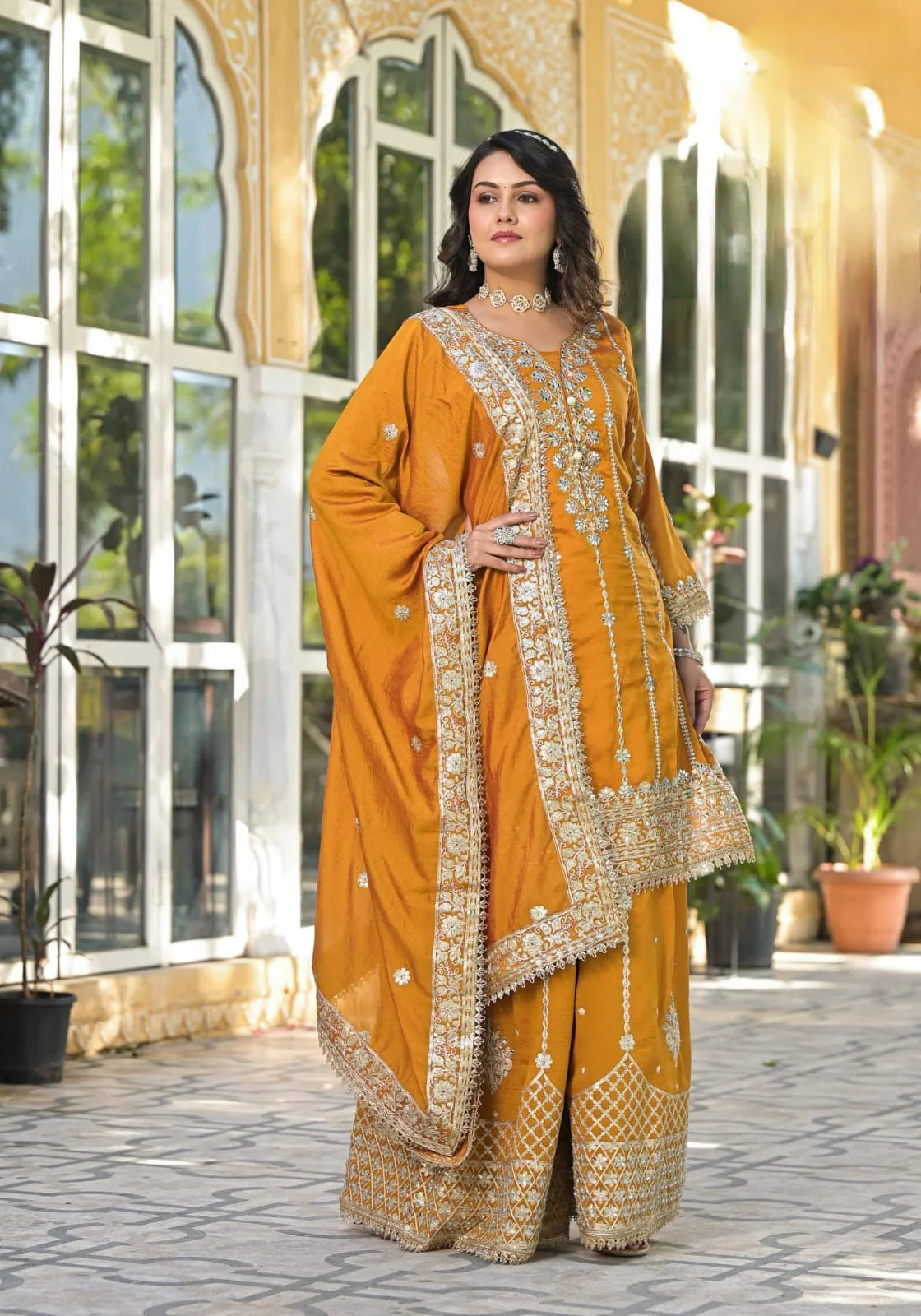 Suvesha Sharara Set With Heavy Embroidery - Mustard Yellow