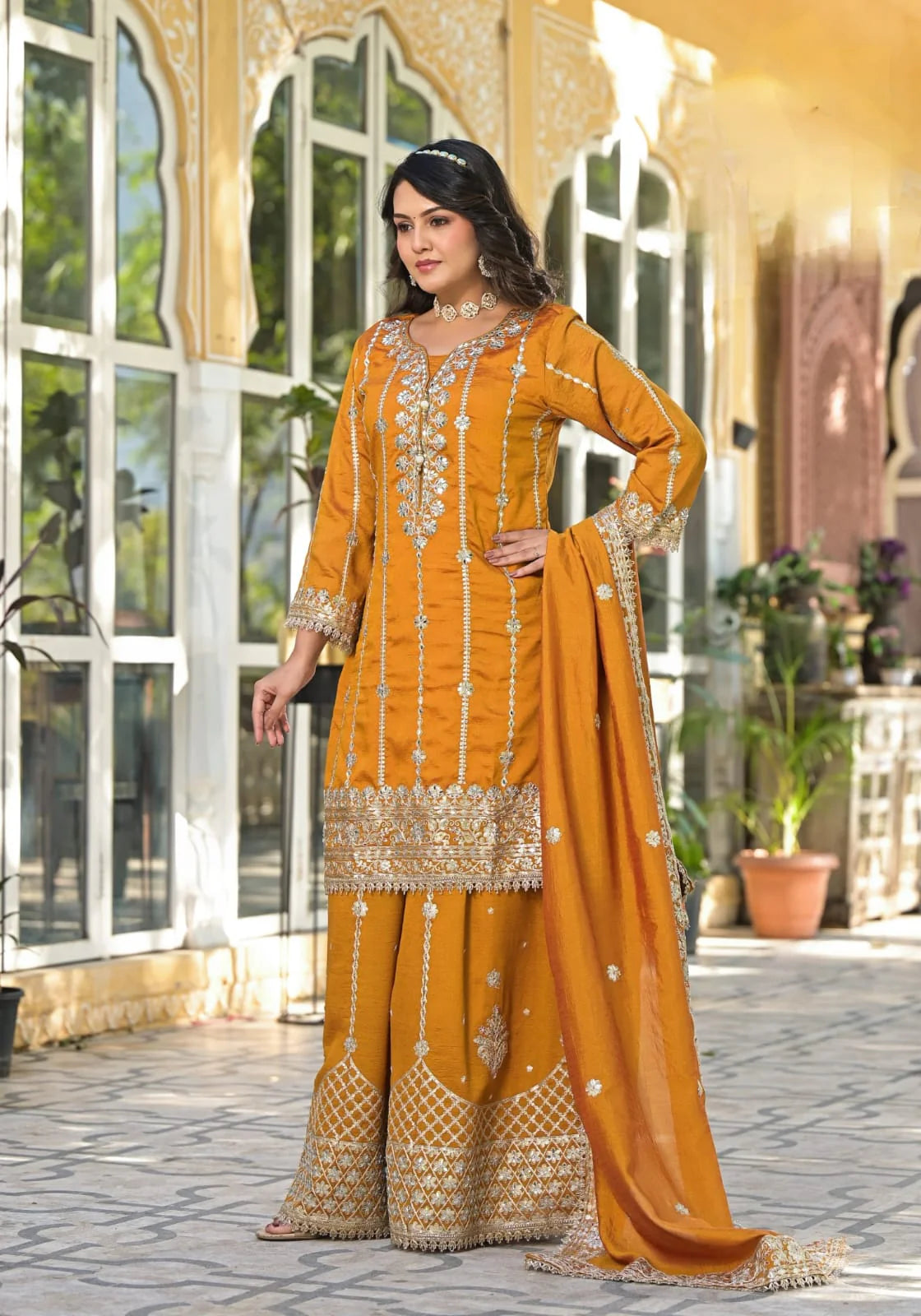 Suvesha Sharara Set With Heavy Embroidery - Mustard Yellow