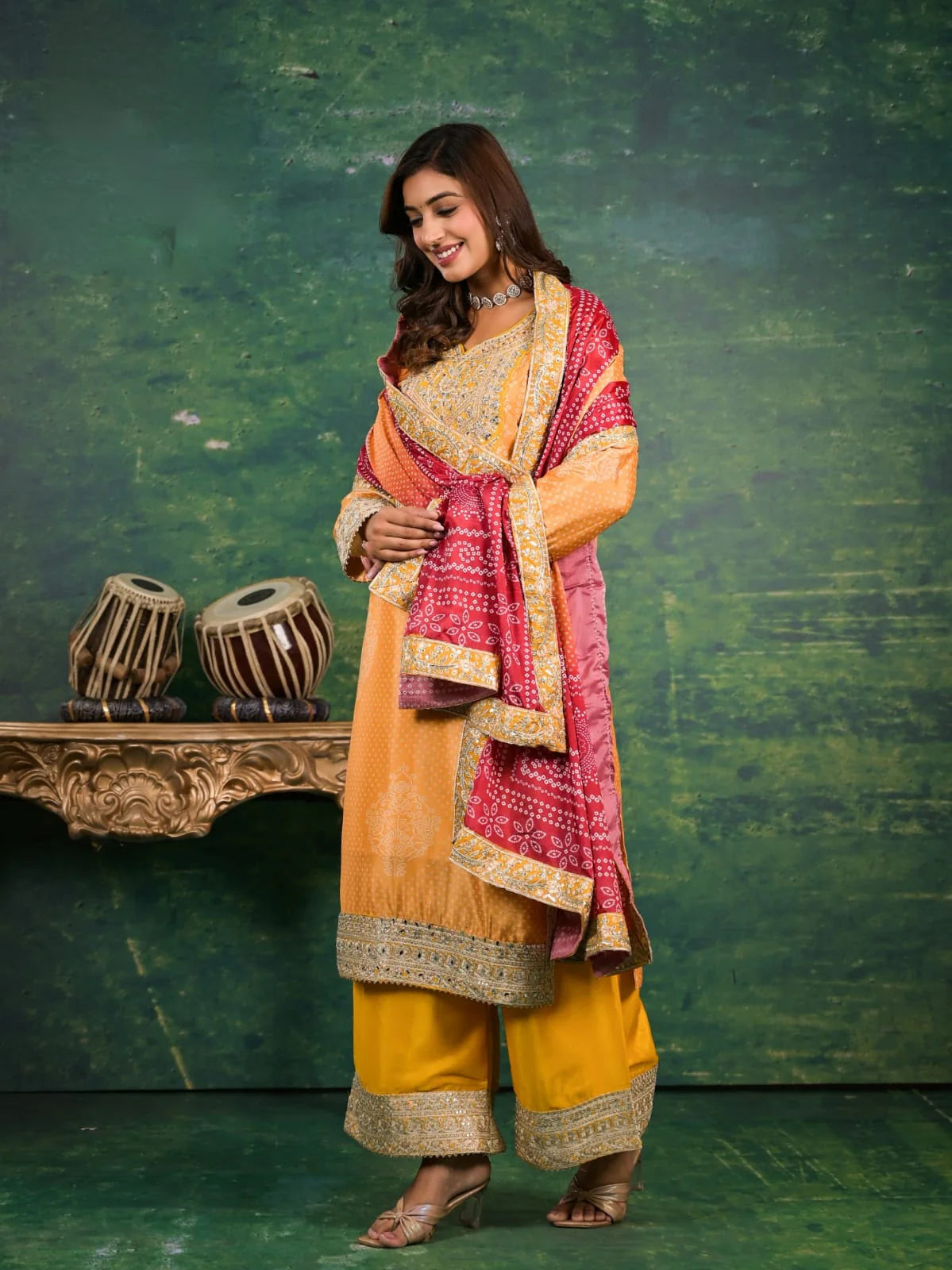 Suvesha Chinon Bandhani Digital Print Plazzo Suit Set With Heavy Embroidery