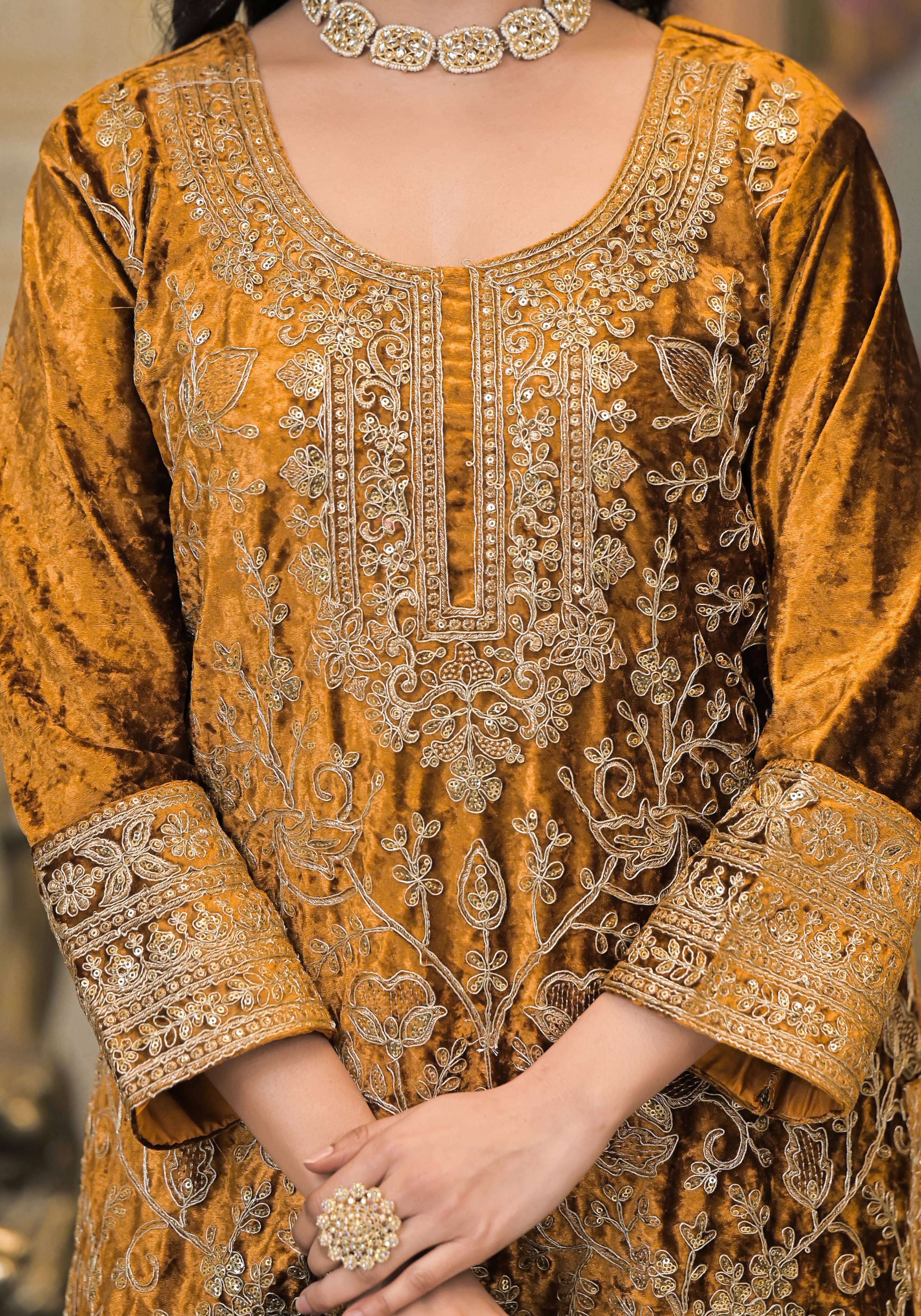 Suvesha Velvet Plazzo Suit Set With Heavy Embroidery